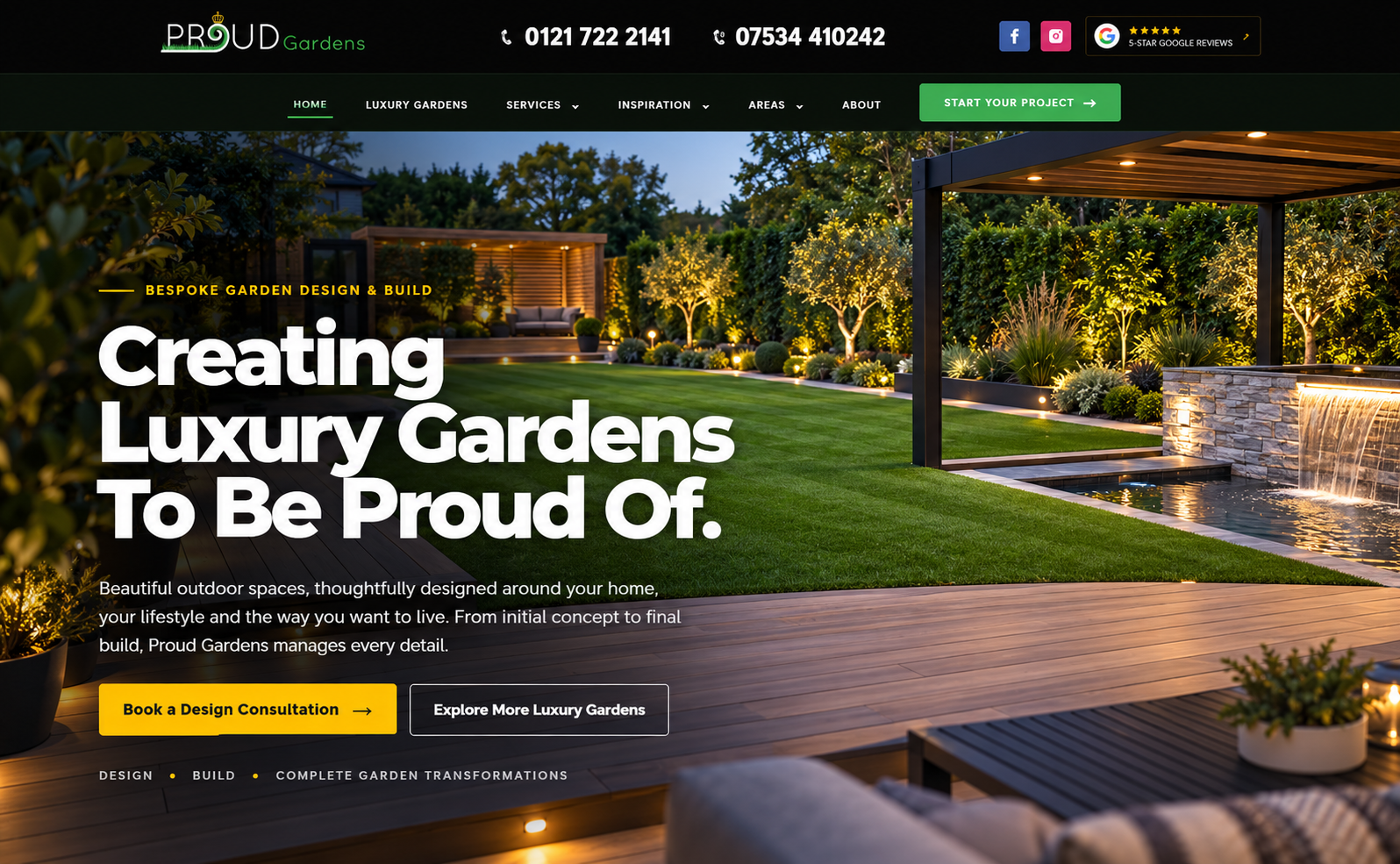 Luxury garden design at dusk for Proud Gardens, by Maverick Marketing Agency